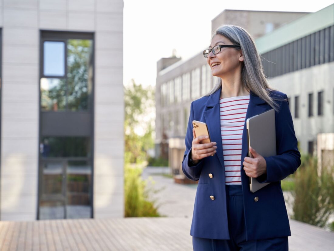 Professional outside an office building