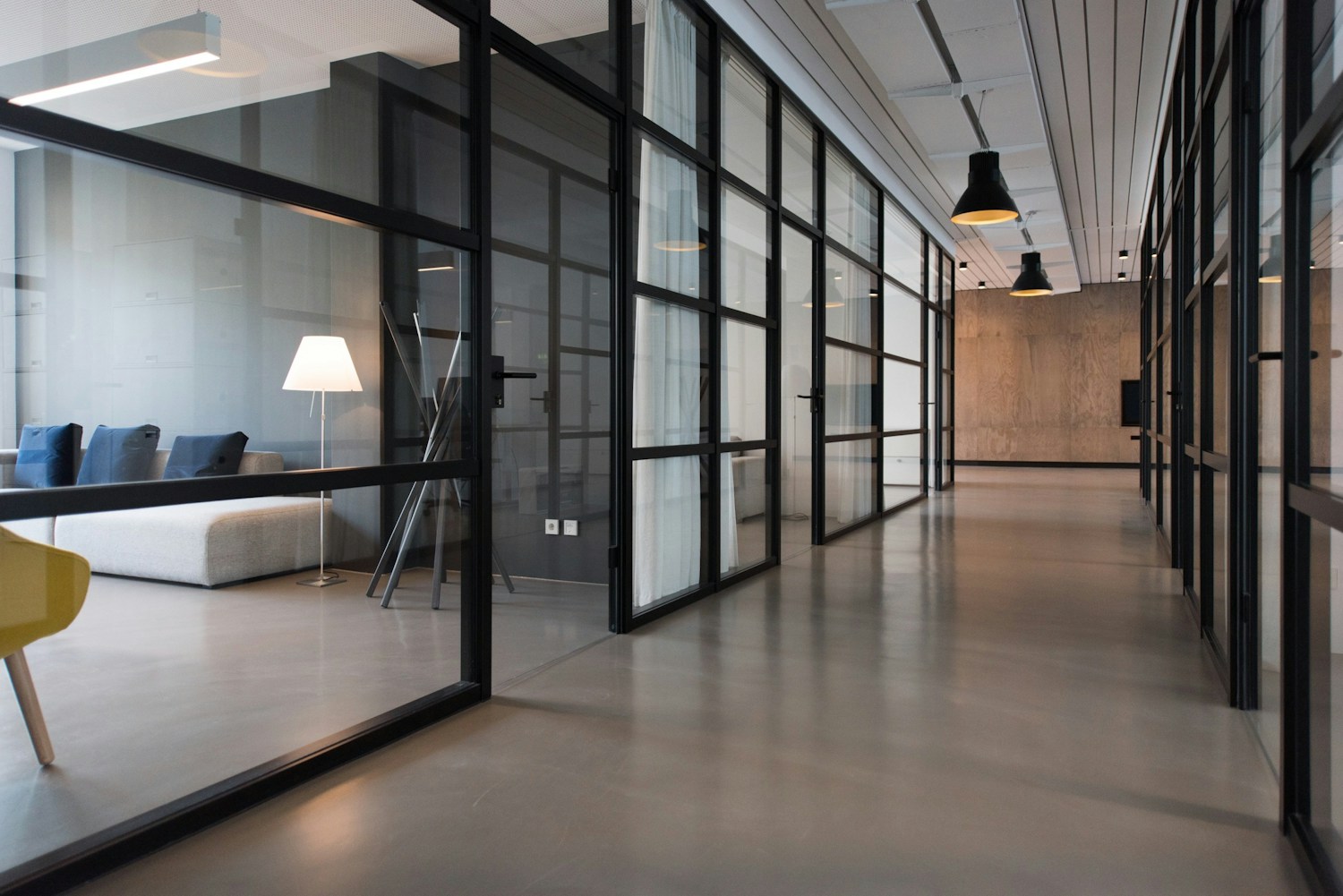 Light-filled office interior with spaces for conversation